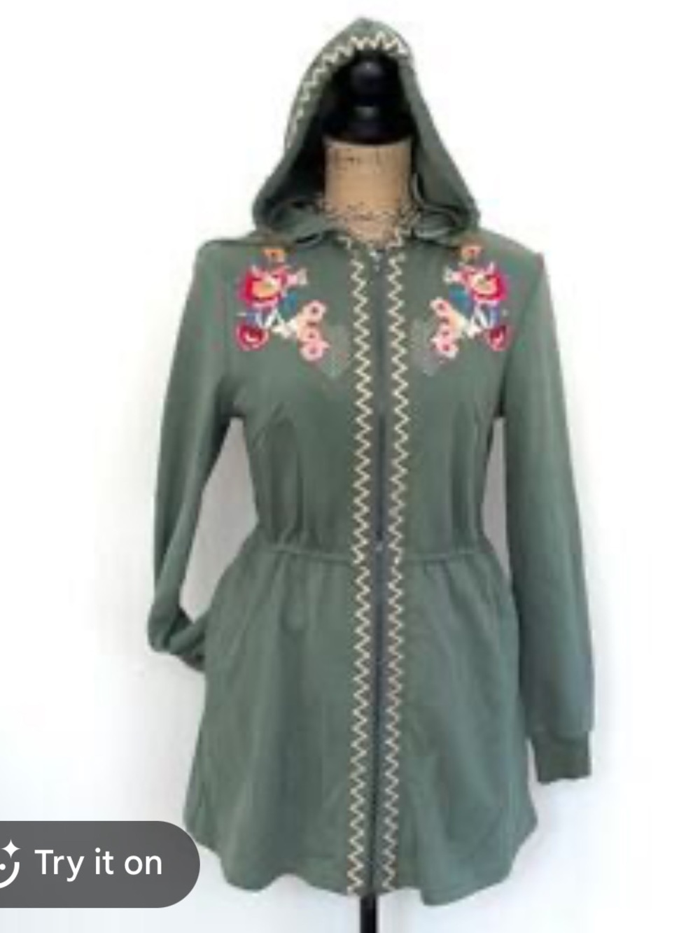 Solitare womans boho Embroidered Hooded Anorak Jacket in Sage Green size M